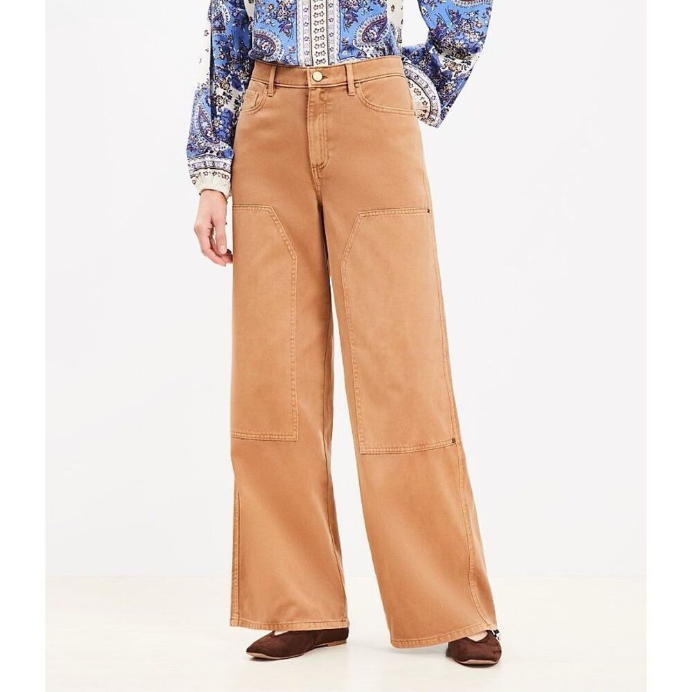 Loft Wide Leg Carpenter Pants Khaki Utility Jeans High Rise Boho Teacher Size 16